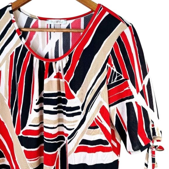Roz & Ali Abstract Geometric Print Blouse Red Black Cream 3/4 Tie Sleeve Size L - Picture 9 of 13